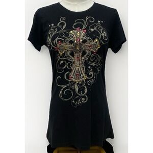 Vintage Big Bang NY Cross Rhinestone Graphic Tee Shirt Black SLIM Large